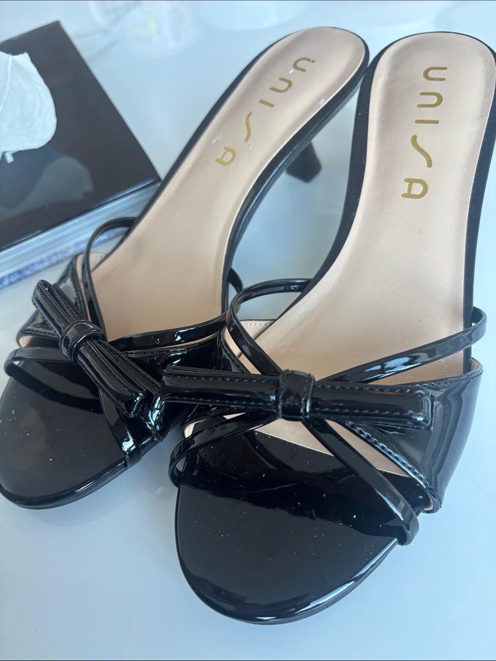 Unisa Black Patent Mid Heel Sandals